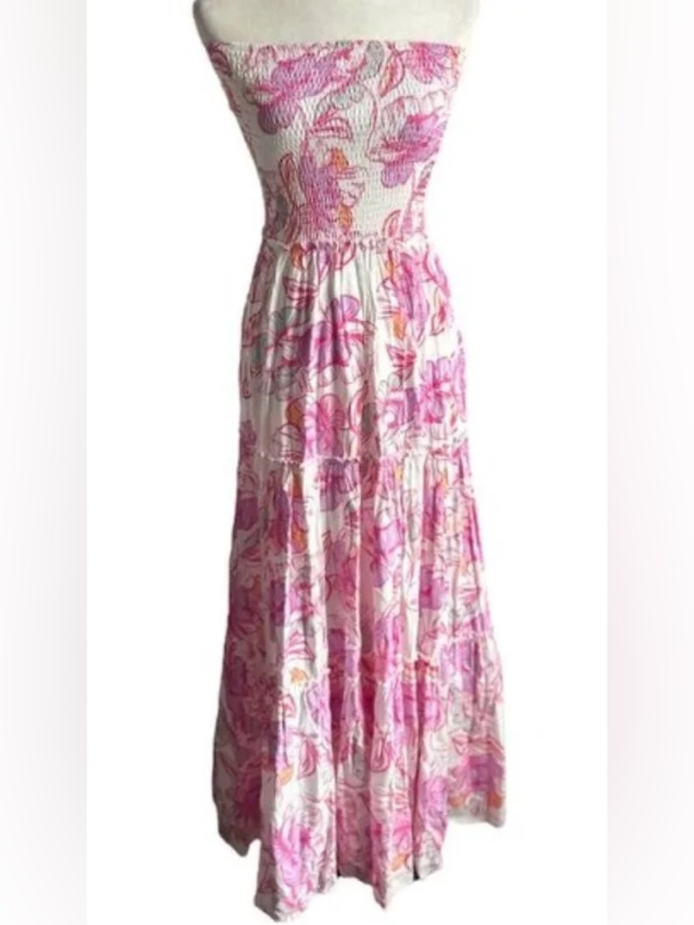 Anthropologie ABEL THE LABEL Pink Floral Strapless Smocked Maxi Dress Size XS - Picture 2 of 10